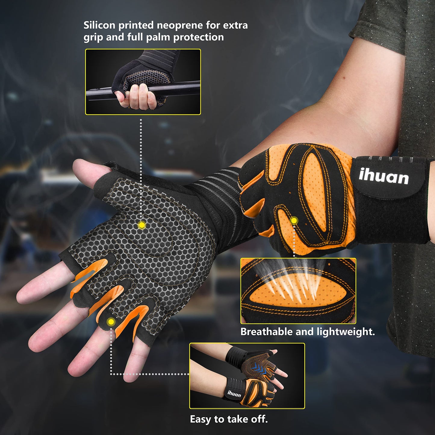 ihuan Ventilated Weight Lifting Gym Workout Gloves with Wrist Wrap Support for Men & Women, Full Palm Protection, for Weightlifting, Training, Fitness, Hanging, Pull ups (Orange, S)