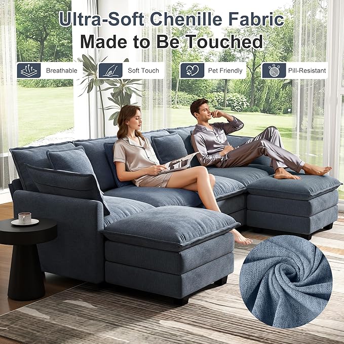 107" Cloud Couch Sectional, U Shaped Modular Sectional Sofa, 4-Seat Deep Seat Couch with 6 Removable Washable Pillows and 2 Ottoman for Living Room, Bedroom, Apartment, Blue