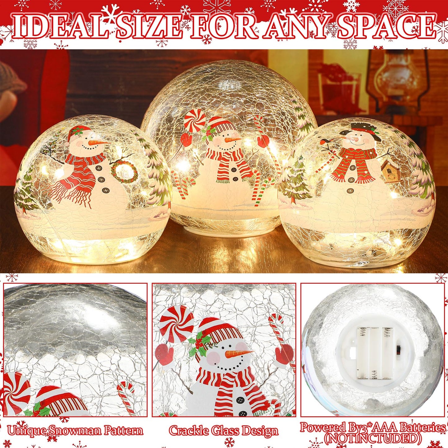 Soulchen 3 Pcs Christmas Decorations Indoor Snowman Globe Crackle Glass Ball Lamp with LED Lights Tabletop Xmas Decor Christmas Table Decorations for Home Fireplace Mantel