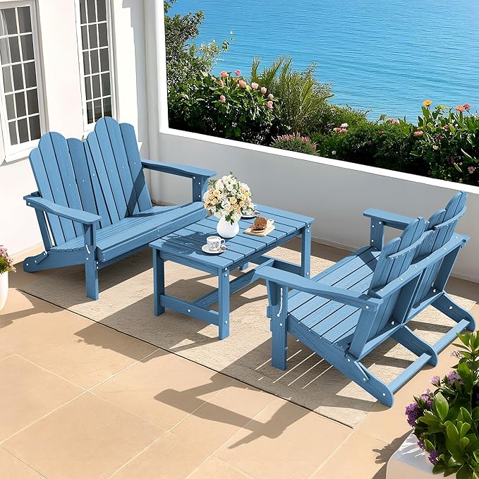 SERWALL Outdoor Folding Adirondack Bench, HDPE All-Weather Adirondack Loveseat, 660 lbs Capacity, Foldable Outdoor Patio Bench for Deck, Lawn, Garden, Navy