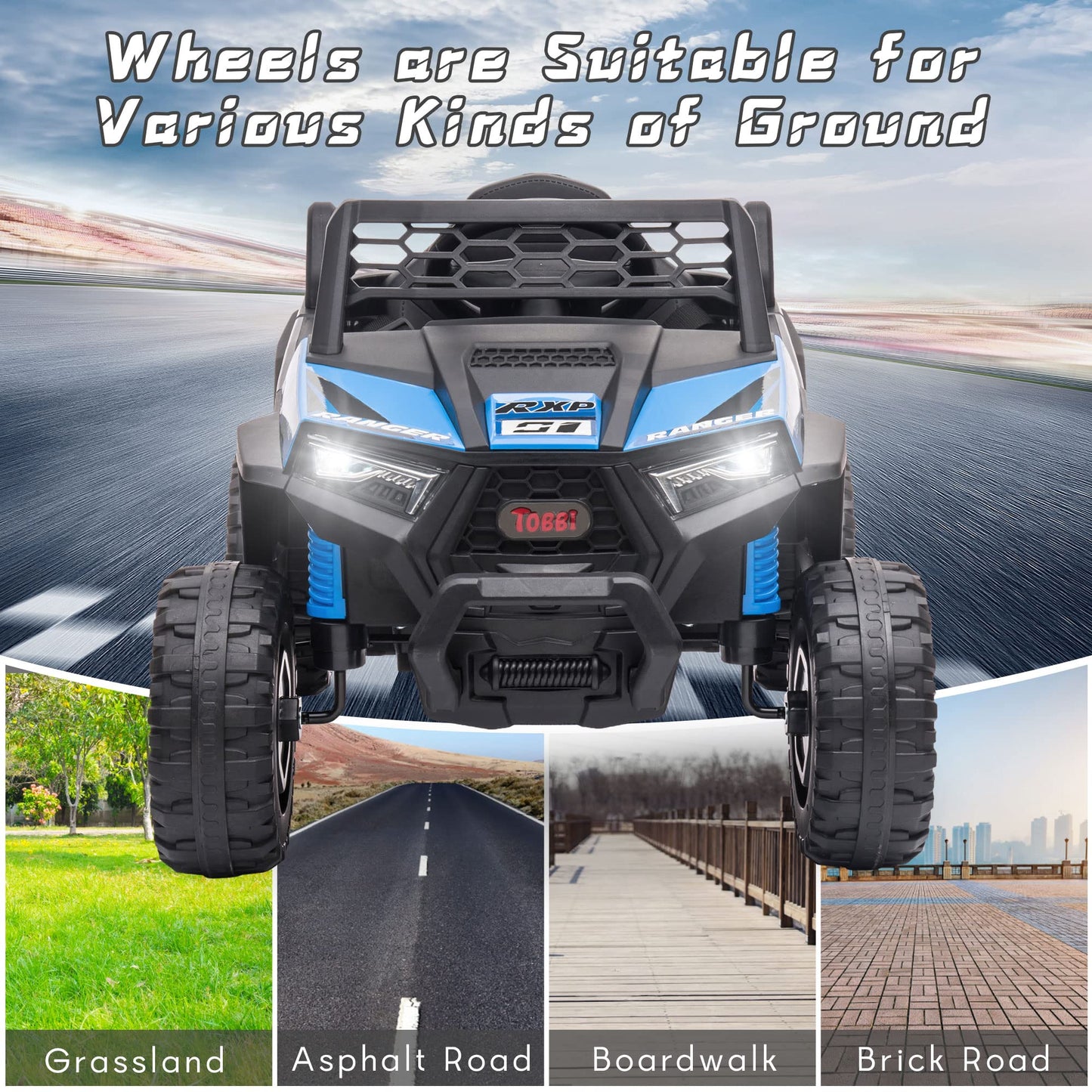 TOBBI 12V Kids Ride on Car, Electric Off-Road UTV Truck with Forward and Reverse Functions, Double Open Doors, Safety Belt, Horn, Music, and Lights for Kids Aged 3-5 Years (Blue)