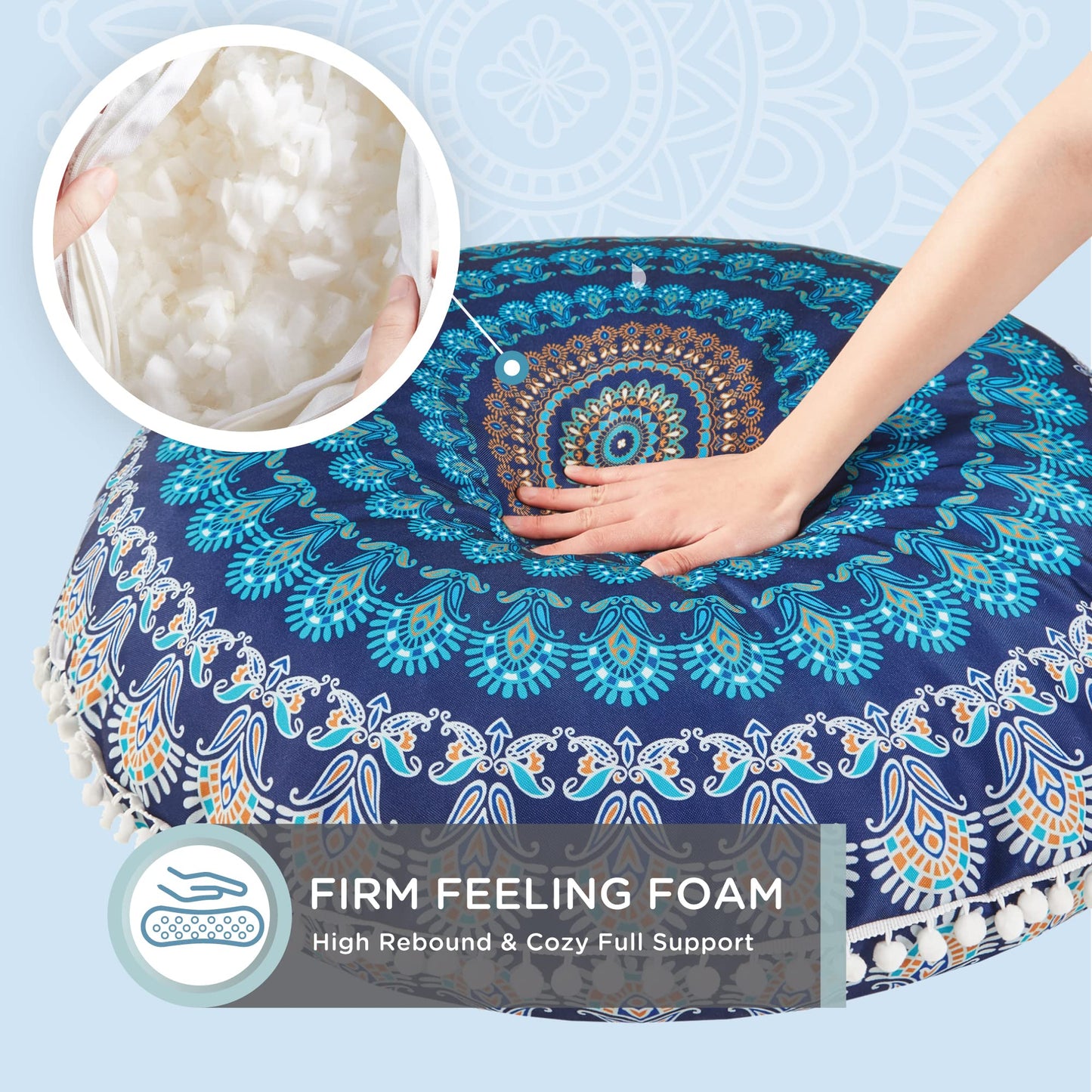 Codi Meditation Floor Pillow Set of 2, Round Large Pillows Seating for Adults, Bohemian Mandala Circle Cushion for Outdoor Fireplace Yoga Living Room, 32 Inch, Memory Foam Added, Navy