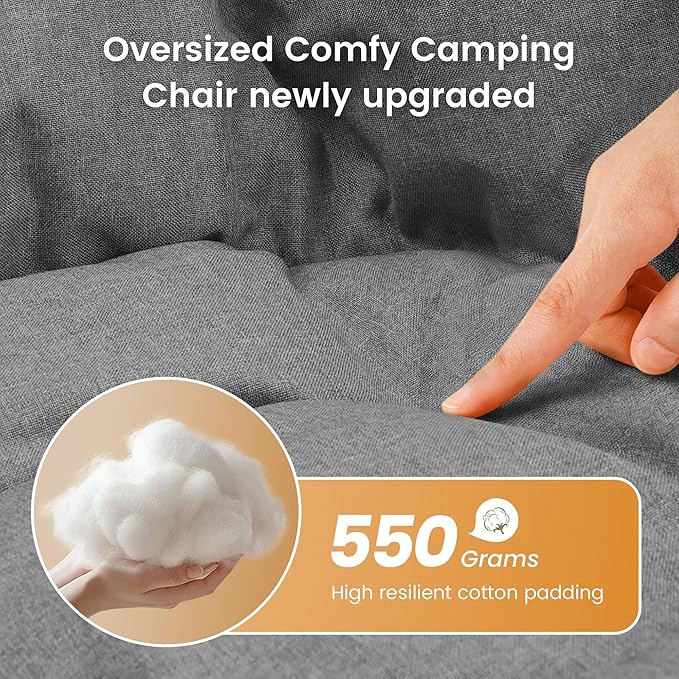OUTDOOR LIVING SUNTIME Oversized Padded Comfy Camping Chair with Removable Footrest，Weight Capacity 400LBS, Heavy Duty Moon Round Leisure Folding Chair for Camping, Hiking, Carry Bag, Orange