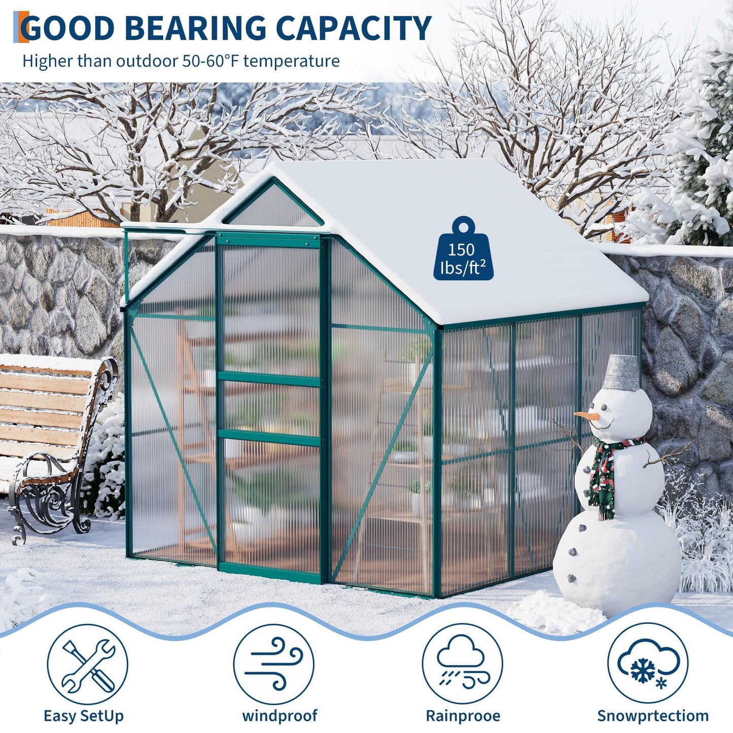 GAOMON Greenhouses, Large Walk in Greenhouses for Outdoors and Garden Planting, Polycarbonate Greenhouse with Enhanced Aluminum Frame, Sliding Door＆Adjustable Roof Vent for Winter Use (Green, 6*6FT)