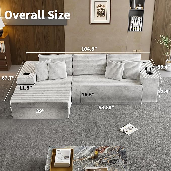 Cibert 104.3" Modular Sectional Sofa, Beige Boneless Couch Left Chaise L Shaped Couch with USB Ports, 2 Cup Holders, 2 Side Storage Bags & Lint Remover, No Assembly Sectional Couches for Living Room