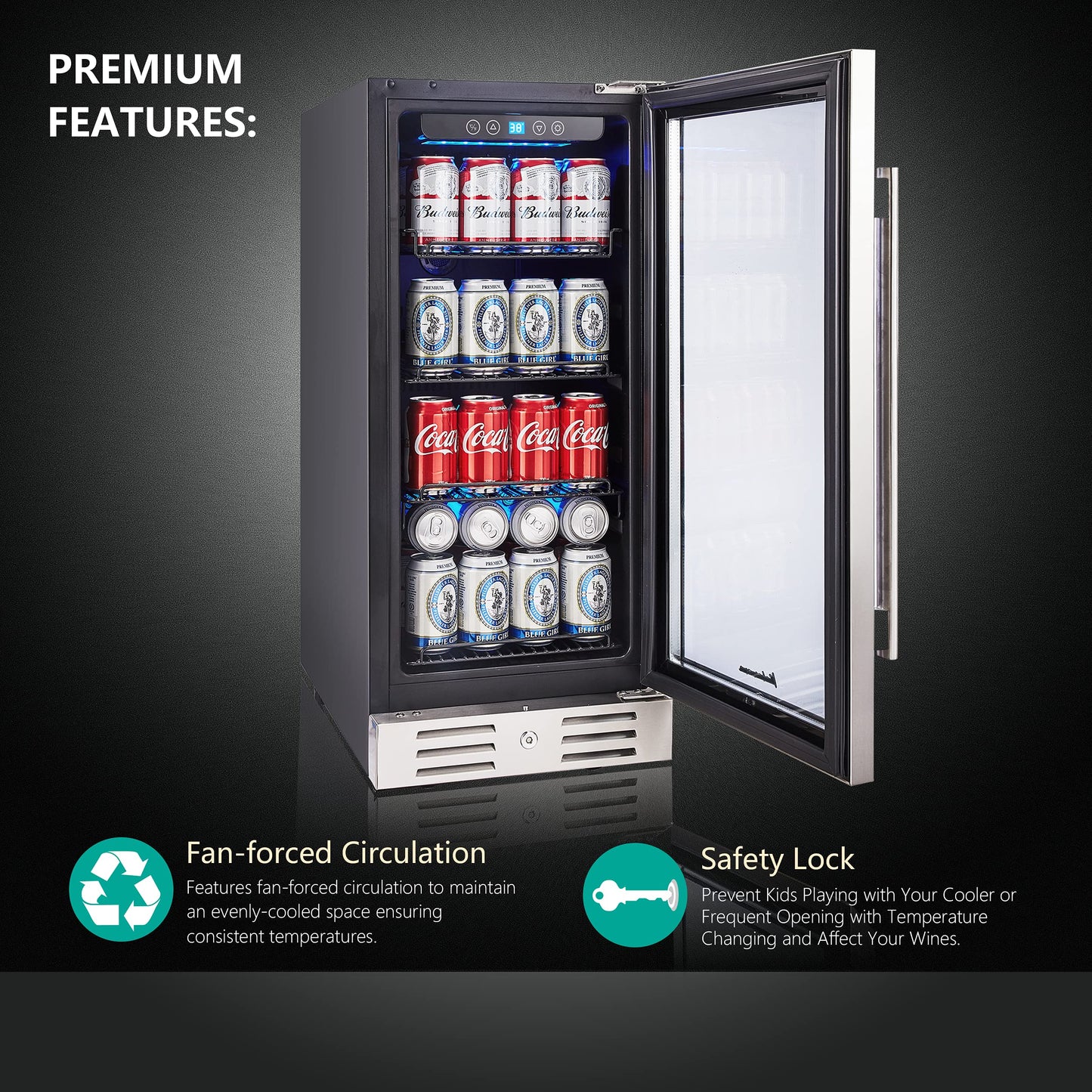 15 Inch Beverage Cooler and Kalamera Refrigerator Under Counter Built-in or Freestanding - 96 Cans Capacity Mini Fridge- for Soda, Water, Beer or Wine - For Kitchen or Bar with Blue Interior Light