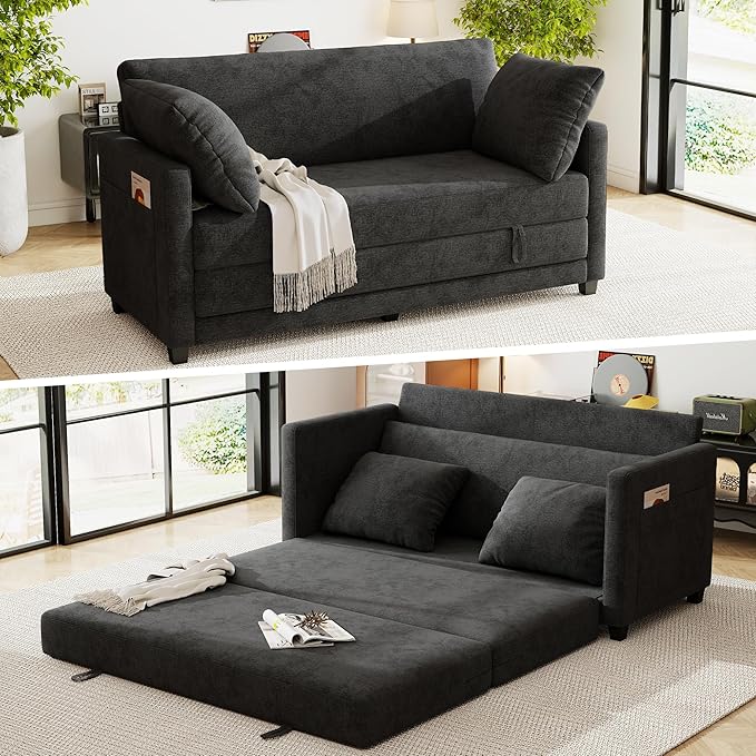 kakuboohi 65" Loveseat Sleeper Sofa Bed, Chenille Convertible Floor Sofa Bed for Small Spaces, Folding Couch Bed with Deep Seat, 2 Pillows & Solid Frame, Pull Out Floor Couch for Living Room, Black