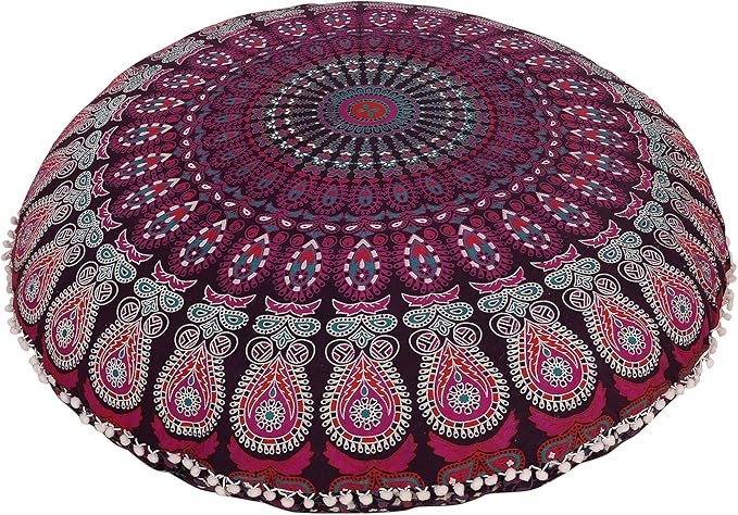 Shubhlaxmifashion Large 32" Round Pillow Cover, Decorative Mandala Pillow Sham, Indian Bohemian Ottoman Poufs, Pom Pom Pillow Cases, Outdoor Cushion Cover,