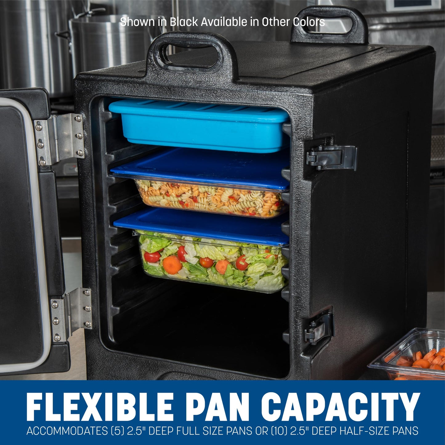Carlisle FoodService Products Insulated Food Pan Carrier and Warmer, Cateraide Front-Loading Hot Box with Handles, Holds 5 Full or 10 Half 2.5" Pans (Sold Separately), PE Shell, PU Insulation, Blue