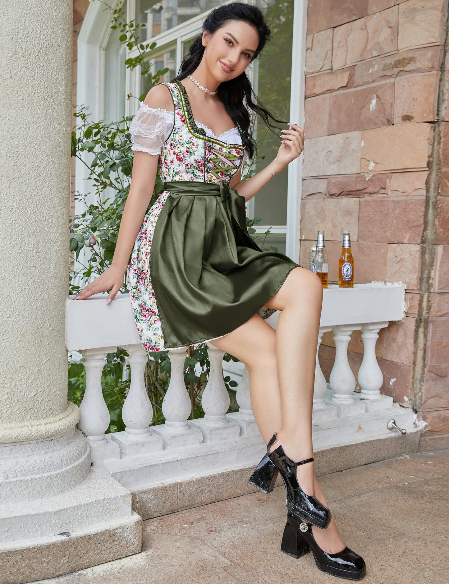 GloryStar Women German Dirndl Dress Traditional Bavarian Beer Garden 3 Pieces Oktoberfest Costumes Summer Green M