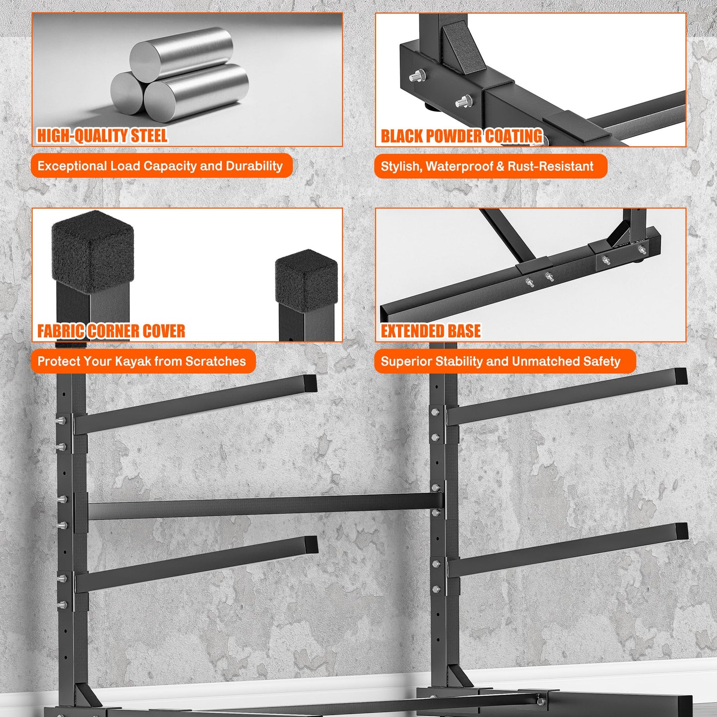 Ultrawall Kayak Storage Rack, Freestanding Kayak Rack for Garage, Adjustable Kayak Stand, Heavy Duty Paddle Board Rack for Kayak, Canoe, Surfboard, 320lbs Capacity, Indoor & Outdoor Use, 2 Levels