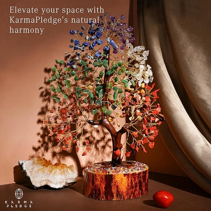 KARMAPLEDGE Crystal Tree 7 Chakra Healing Crystals for Home, Office Desk & Living Room Decor, Handmade Bonsai Trees for Positive Energy, Money, Good Luck Birthday Gifts for Women, Mom (500 Beads)