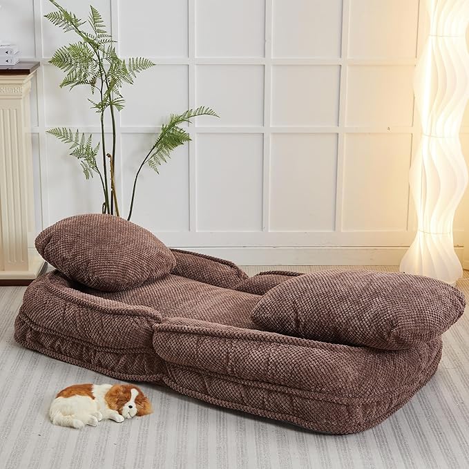KEIKI Foldable Tatami Lazy Sofa Couch Bed with 5 Adjustable Position, Minimalist Space Saving Design Human Dog Bed with Cushion Back, Easy Assembly, for Apartment, Living Room, Bedroom, Brown