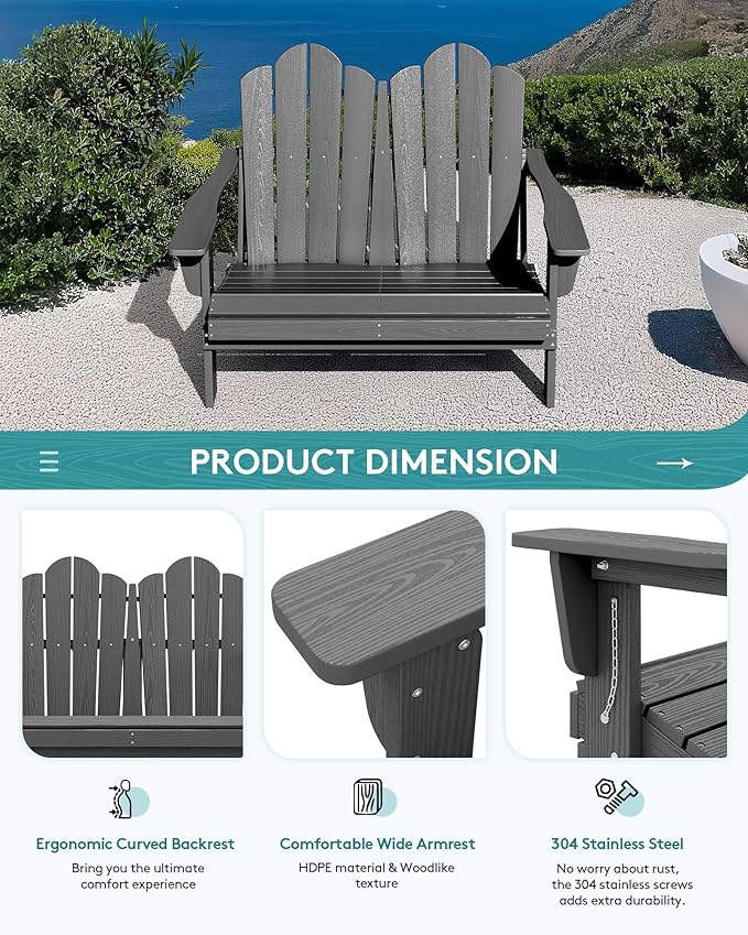 SERWALL 3 Pieces Patio Adirondack Bench Set, 2 Folding Adirondack Bench and 1 Coffee Table Set for Front Porch Garden Balcony Backyard, Grey