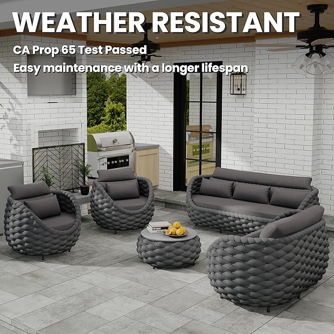 Erotr Patio Conversation Deck Furniture Sets: 6-Piece Aluminum Woven Rope Outdoor Sofa Set - Modern Cushions Couch Set - No Assembly Metal Porch Seating for Deck Yard Garden Hotel Resort, Dark Grey