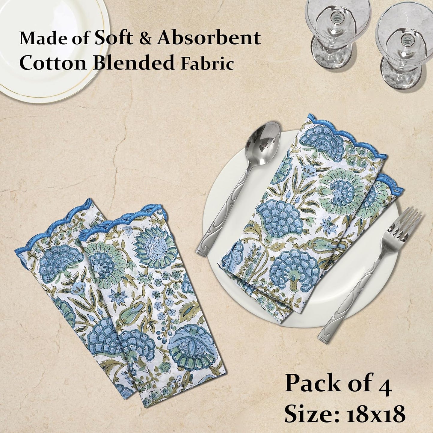 Ridhi Asparagus GreenHand Block Print Napkins 18" x 18" Set of 4 Reusable Cotton Dinner Napkins for Weddings, Parties & Everyday Dining, Thanksgiving, Christmas, Fall