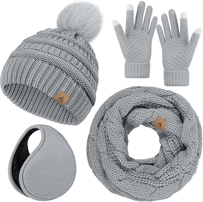 Winter Hat Scarf Gloves and Ear Warmer, Warm Knit Beanie Hat Touch Screen Gloves Set Winter Gifts Neck Scarves for Women