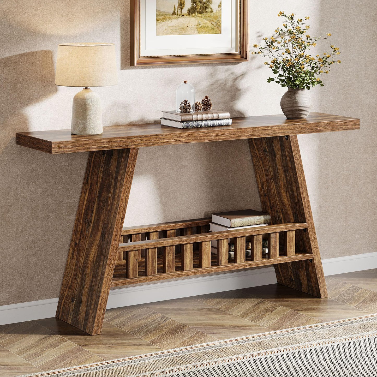 Tribesigns 63-Inch Long Entryway Console Table, Farmhouse 2-Tier Narrow Sofa Table Behind The Couch for Living Room, Hallway, Rustic Brown