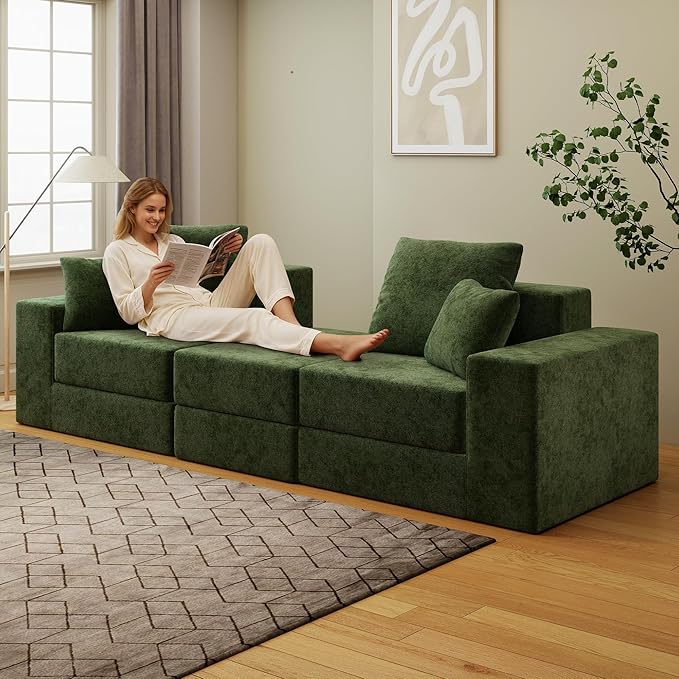 Cloud Modular Sectional Sofa, Comfy Boneless Couch for Living Room, Modern L-Shaped Couch with Reversible Chaise, Customizable Sleeper Sofa with Non Slip, No Assembly & Deep Seat, Green