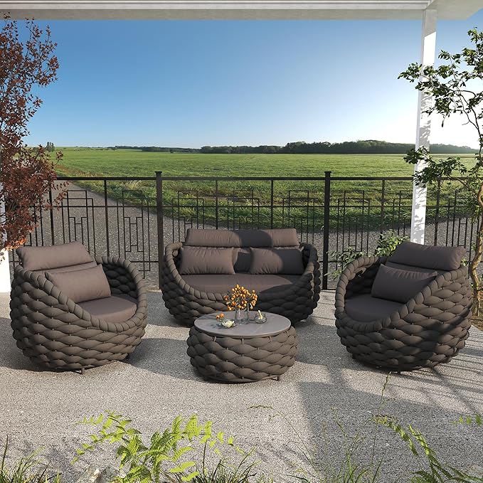 Erotr Aluminum Patio Furniture Set of 4: Woven Rope Outdoor Conversation Sofa Set Assembled - Modern Cushioned Armchair Couch Set for 660lbs Porch Deck Backyard Poolside Drawing Room Hotel, Dark Gray