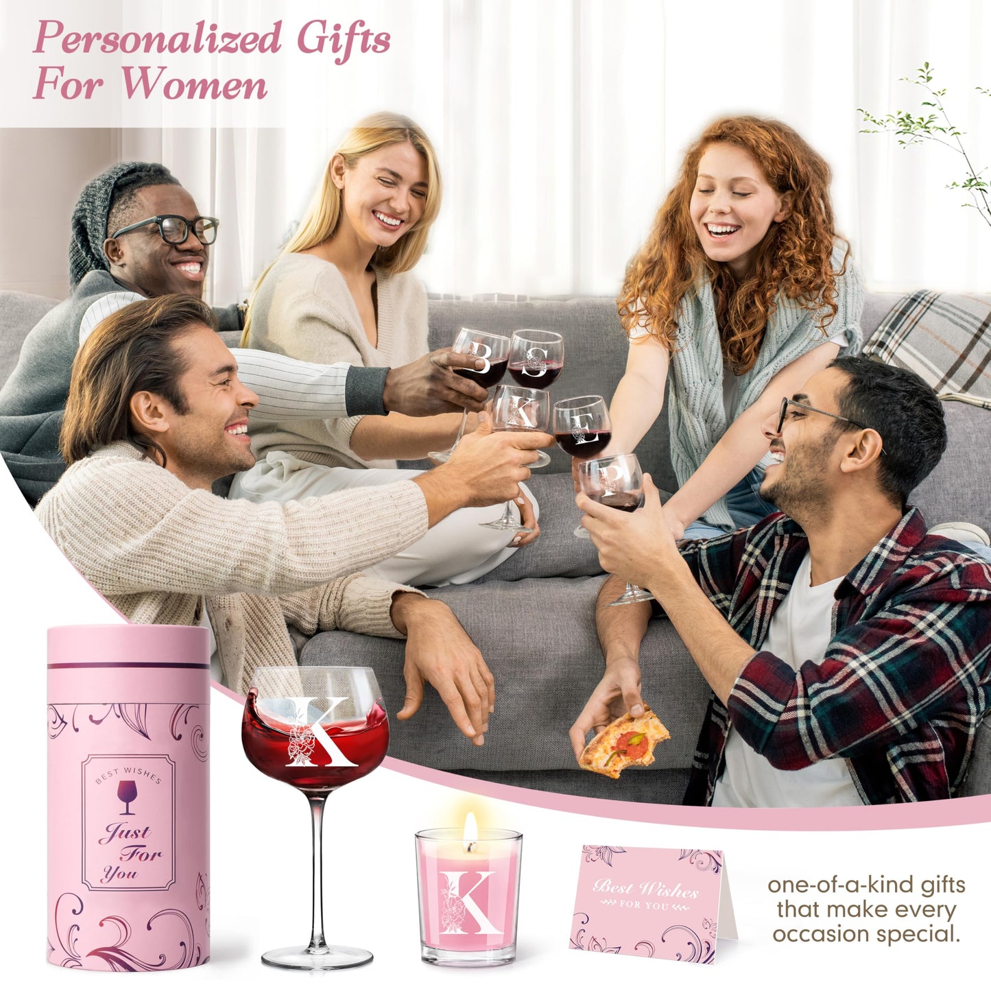 Personalized Gifts for Women - Customized Gift A-Z Wine Glass, Unique Birthday Gifts for Women, Christmas Basket Gift for Her, Mom, Wife, Sister, Friend, Nurse（K）