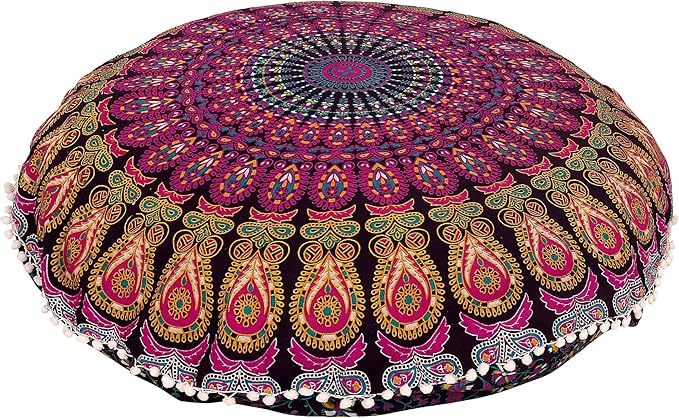 Shubhlaxmifashion 32" Purple Mandala Floor Pillow Cushion Seating Throw Cover Hippie Decorative Bohemian Ottoman Poufs, Pom Pom Pillow Cases,Boho Indian