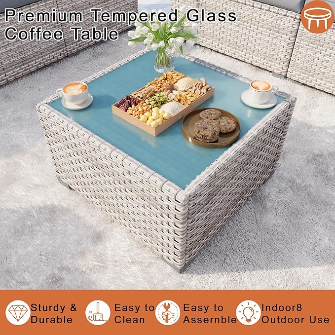 PCSXDSW 7-Piece Outdoor Patio Furniture Set, Rattan Wicker Conversation Set with Wide Armrests, Outdoor Modular Sectional Couch Seating Group Sofa with Fire Pit for Deck Garden Porch (Gray Cushions)