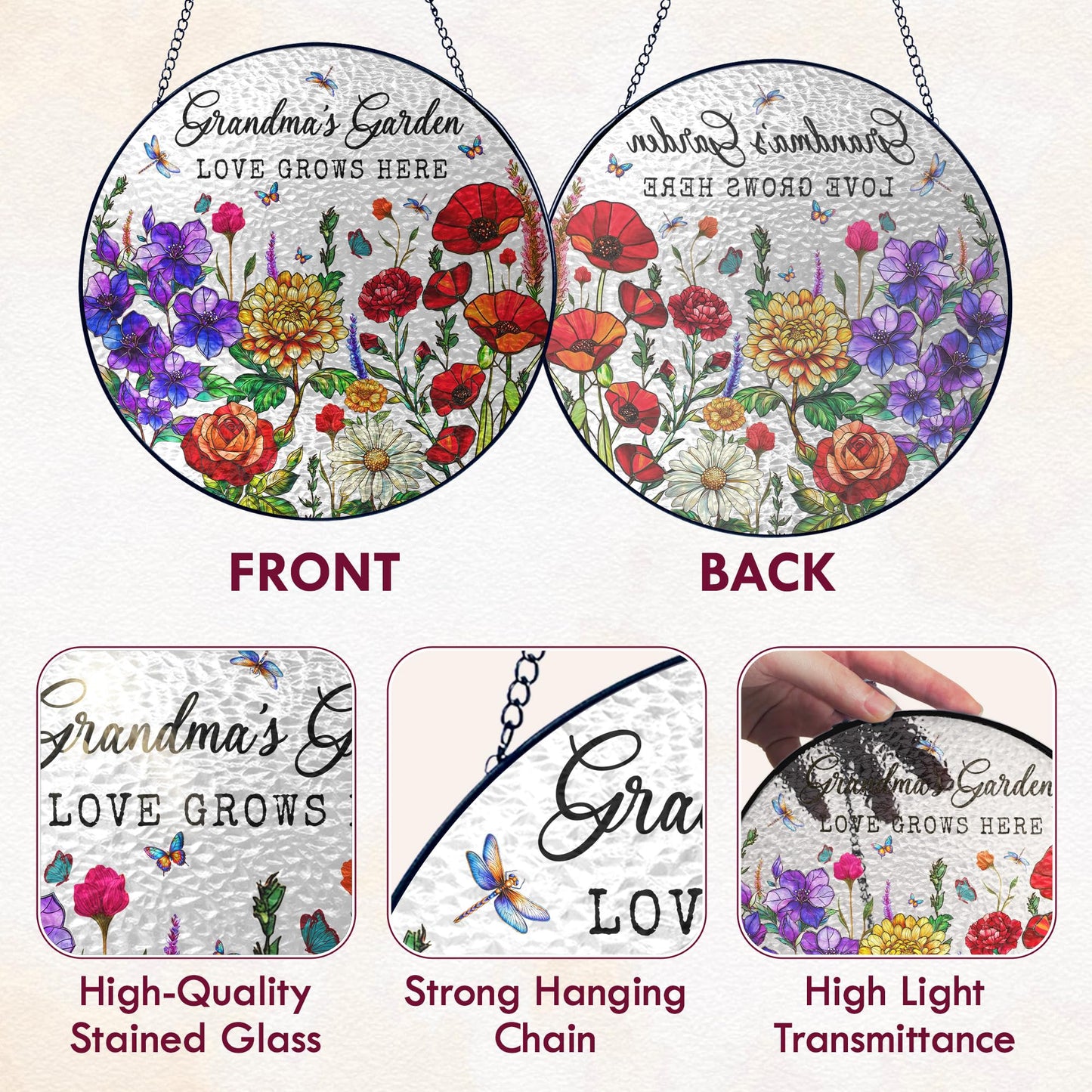 FLAGWIX Grandma Birthday Gifts - Grandma's Garden Stained Glass Window Hanging with Base 8 in - Birthday Gift for Grandma, Christmas Grandparents Day Gifts for Nana Gigi, Sun Catchers Indoor Window