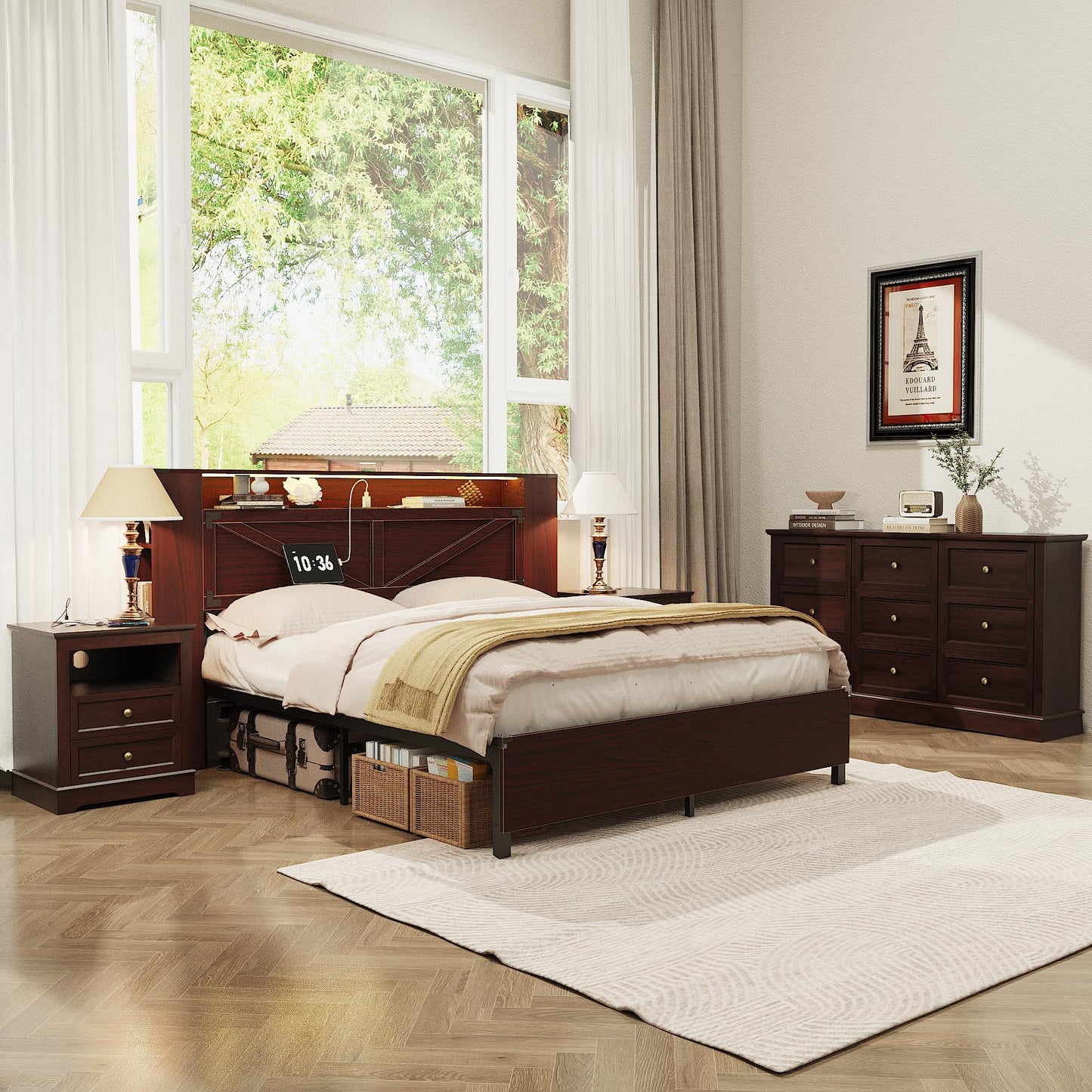 KIGOTY Dressers Bedroom Set of 3, 3 Piece Farmhouse Dresser Set, 9 Drawer Dresser and Nightstand Set of 2 with Charging Station, Bedroom Furniture Set (Brown, 9 Drawer+Nightstand)