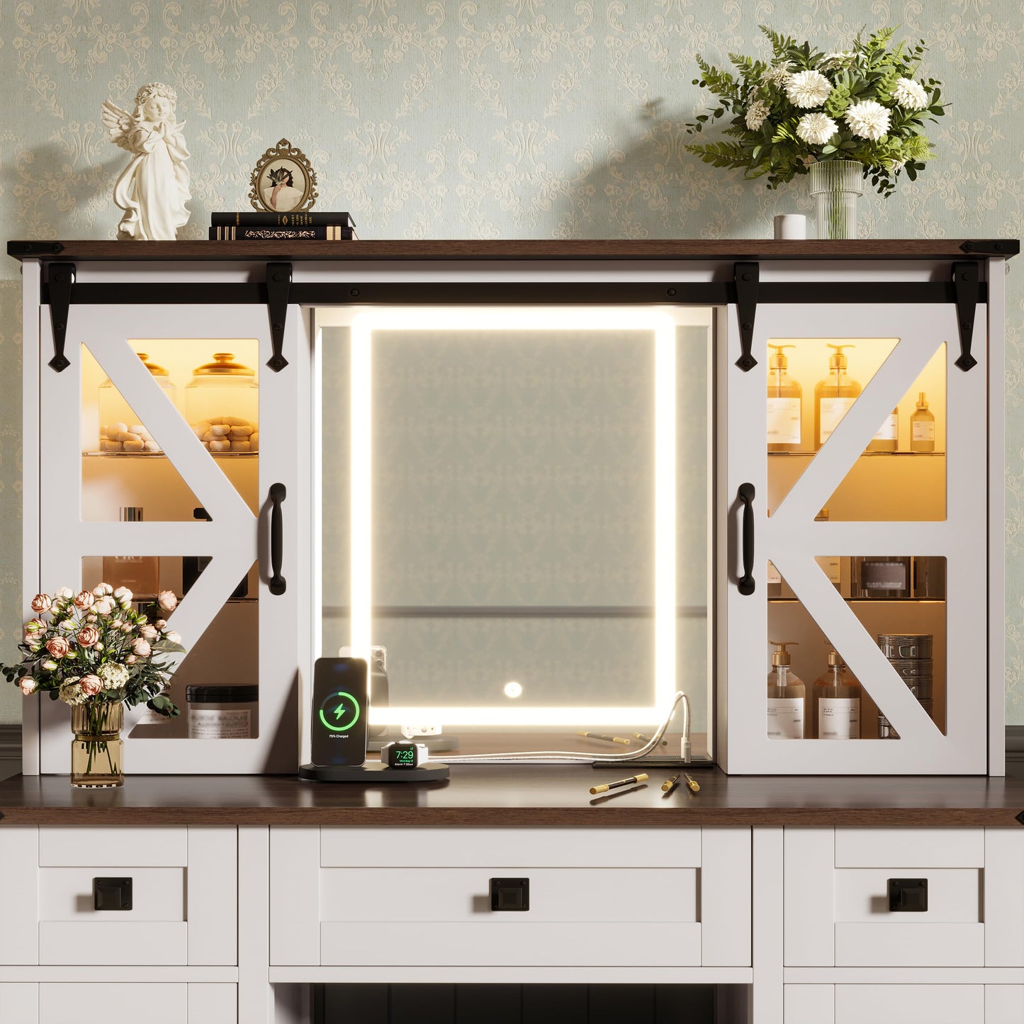 GDFStudio 43.3" Farmhouse Makeup Vanity Desk with Lighted Mirror, Dressing Table Set with Sliding Barn Door Hidden Shelves, 3 Drawers & 4 Cabinets, Charging Station, Beige and White Finish