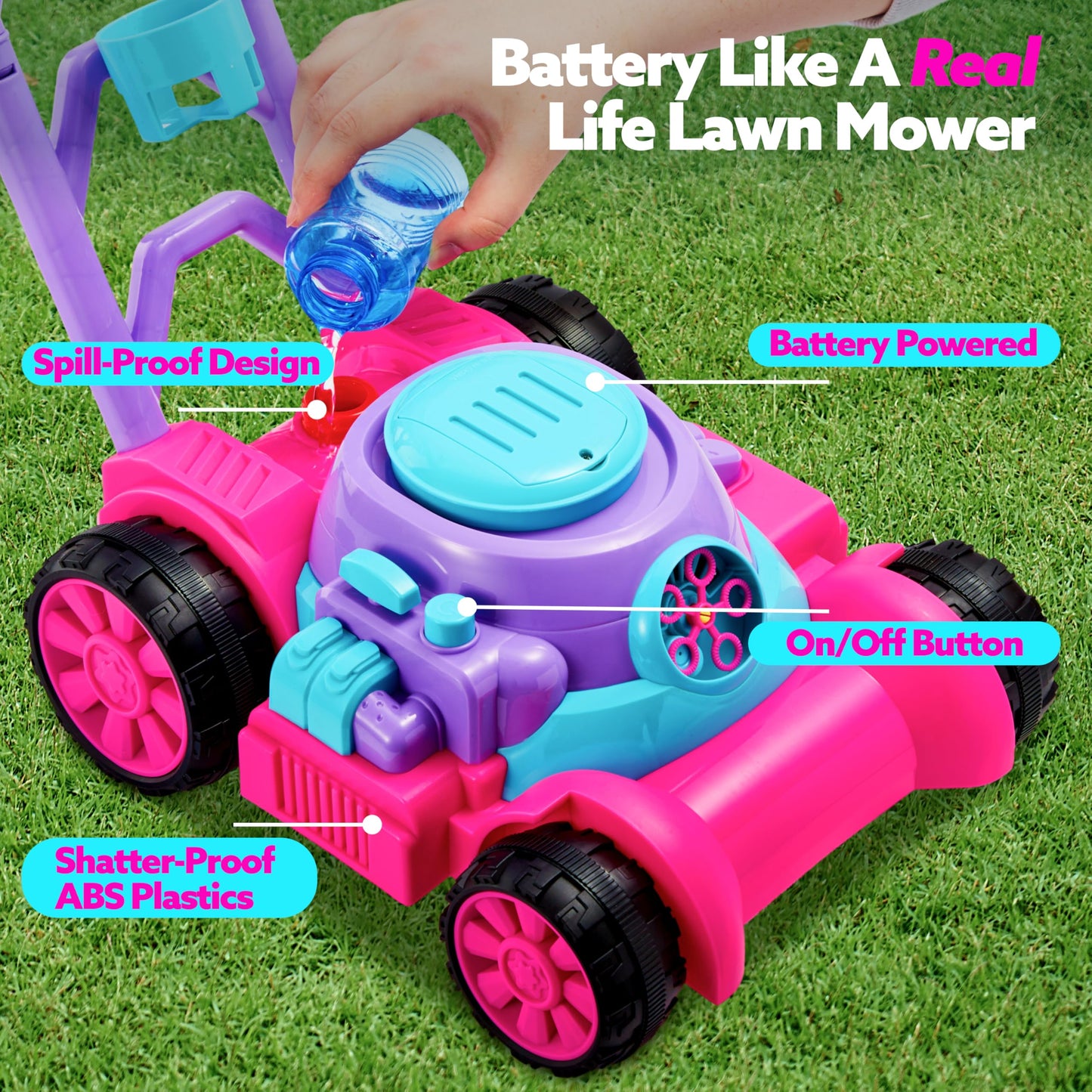 SLOOSH Bubble Lawn Mower Toddler Toys - Kids Bubble Machine Summer Outdoor Push Toy Games, Backyard Garden Outside Play Toddlers Preschool Boys Girls Birthday Gifts (Pink)