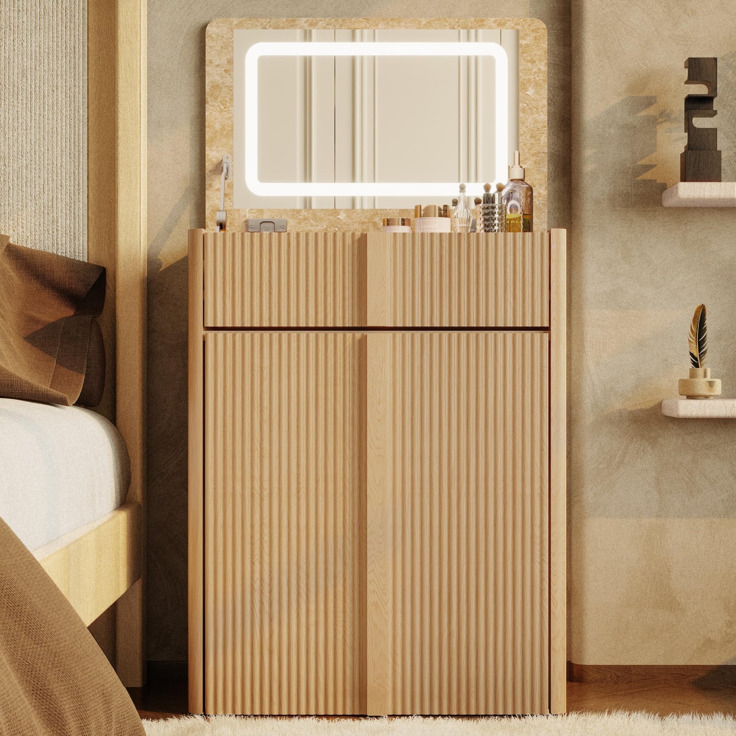 ALLHOMWIE 3 in 1 Makeup Vanity Desk with Lights and Flip Top Mirror, 24" Modern Compact Vanity with Hidden Chair, Makeup Set with 2 Drawers and Reinforced Legs, Light Oak