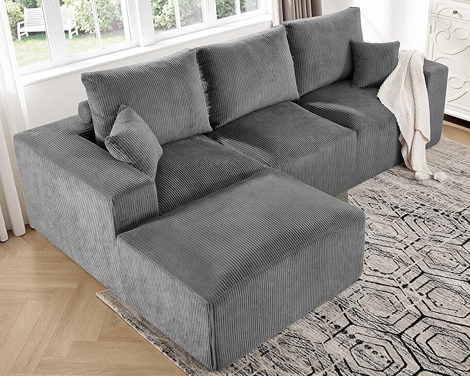108" Modular Sectional Sofa, Compression Sofa with Deep Seat, Modular L-Shape Couch with Chaise, Upholstered Couches for Living Room Bedroom, No Assembly Required (Grey Corduroy, 108" L Shape)