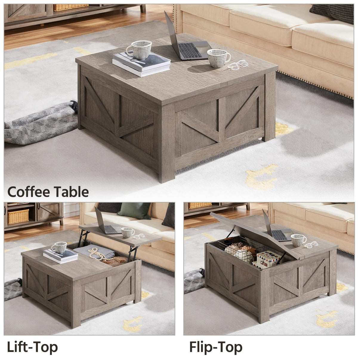 Yaheetech Lift Top Coffee Table, Square Farmhouse Coffee Table with Hidden Storage Compartment, Wood Center Table for Living Room, Home Office, Gray