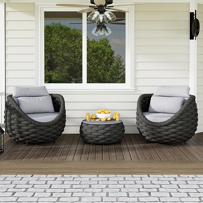 Erotr 3 Pieces Woven Rope Patio Furniture Sofa Sets: Aluminum Outdoor Conversation Set of 2 - Assembled Modern Cushions Couch Armchair Table Set - All Weather for Indoor Deck Porch Pool Hotel