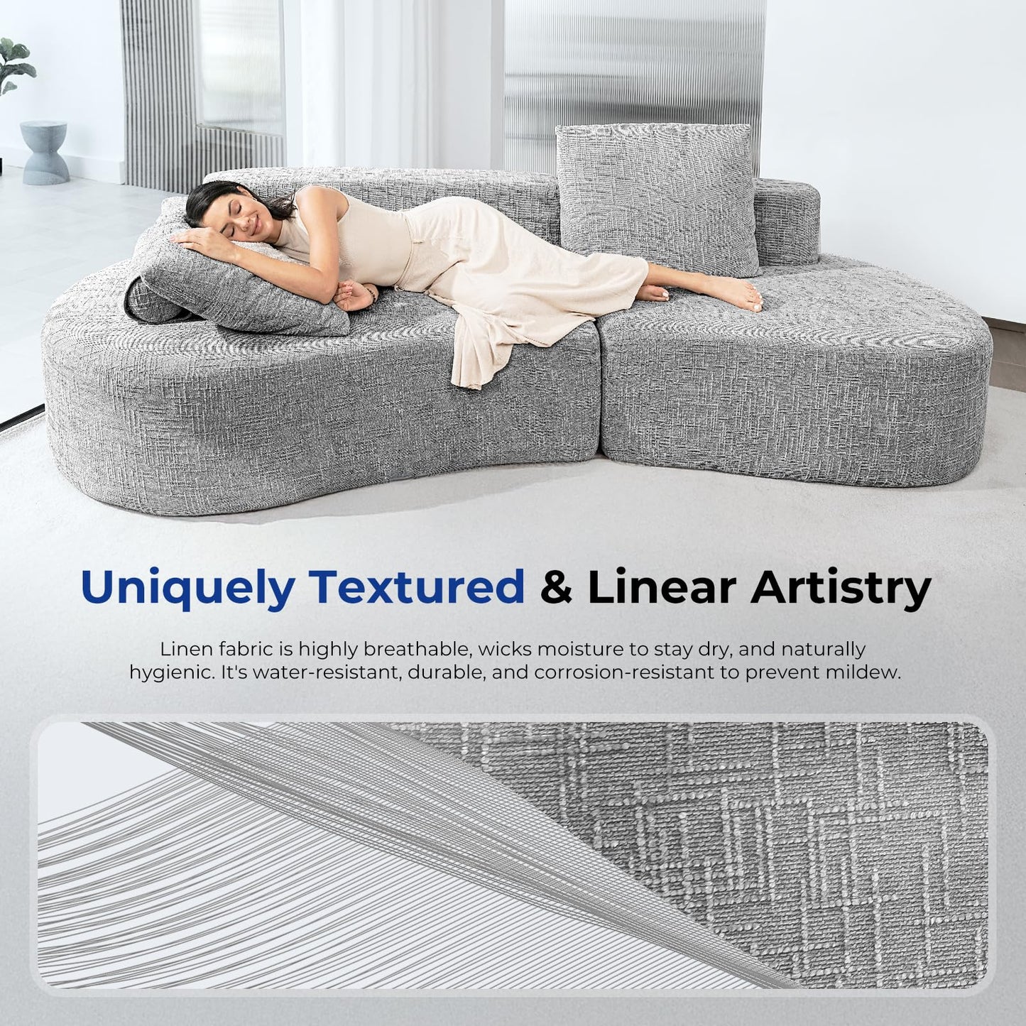 HOMRELEXA 98" Curved Sofa with Half Moon Design, Sofa Bed with 2 Throw Pillows & 4 Seaters for Living Room, Office & Apartment,No Assembly Needed(Light Grey)