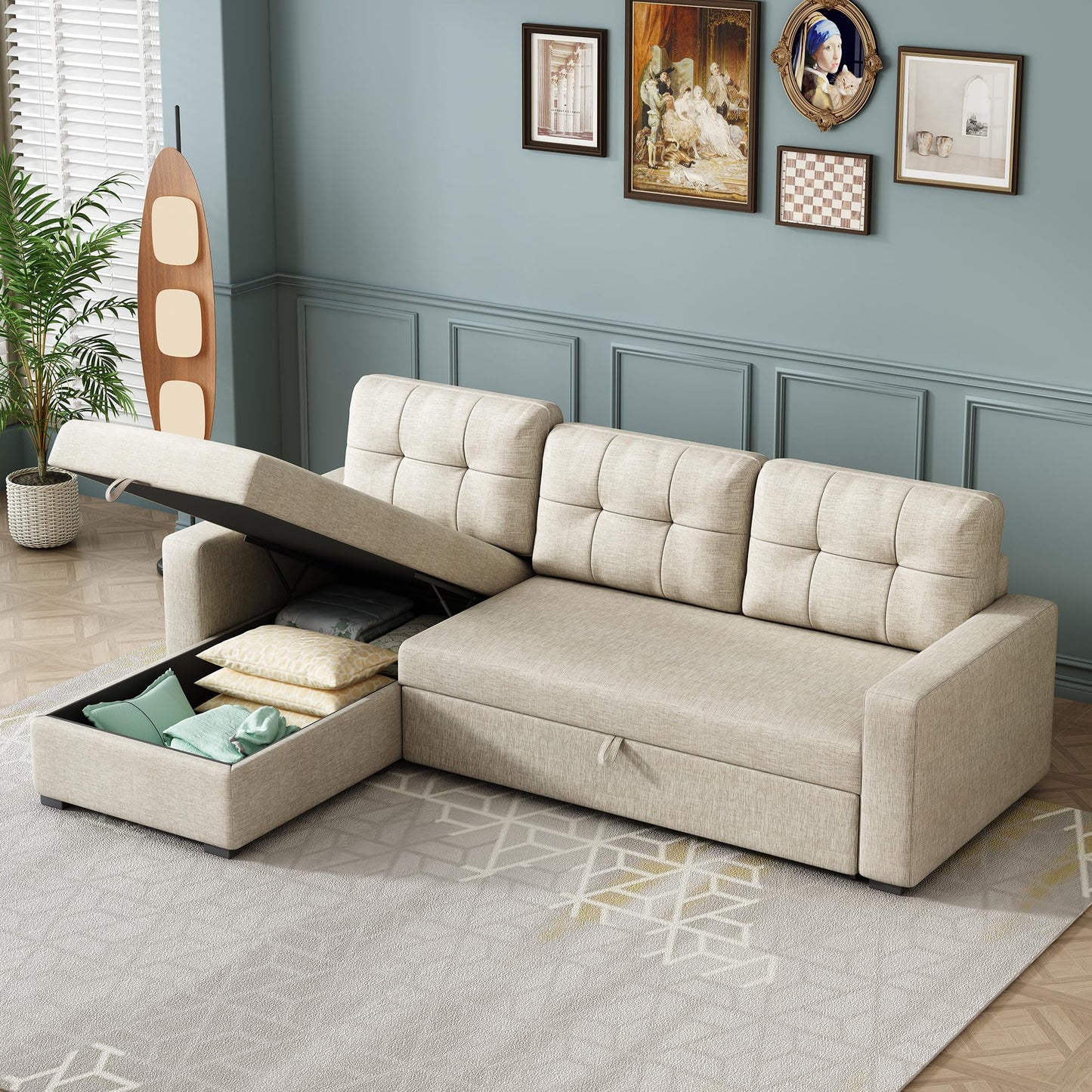 YOPTO L-Shape Reversible Sectional Sleeper Sofa Bed 4 in 1 Pull Out Couch with Storage Chaise & Removable Back Cushions,Convertible Sleeper Corner Couch Pull-Out Sofa Bed for Living Room,Office