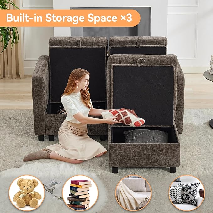 WUTUTUEE 58'' Modular Sectional Loveseat Sofa with Storage, Comfy Office L Shaped Sofa Couch, Chenille Love Seat Modular Sectional Couch with Movable Ottoman for Living Room, Bedroom, Brown