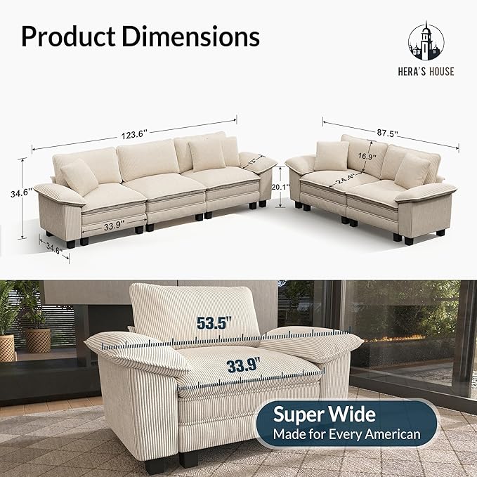 HERA'S HOUSE 2 Pieces Modular Sectional Sofa Sets, Oversized Couch Set with Loveseats, Comfy Cloud Couches with Throw Pillows, 5-Seater Deep Seat Sofa for Living Room, Corduroy Beige