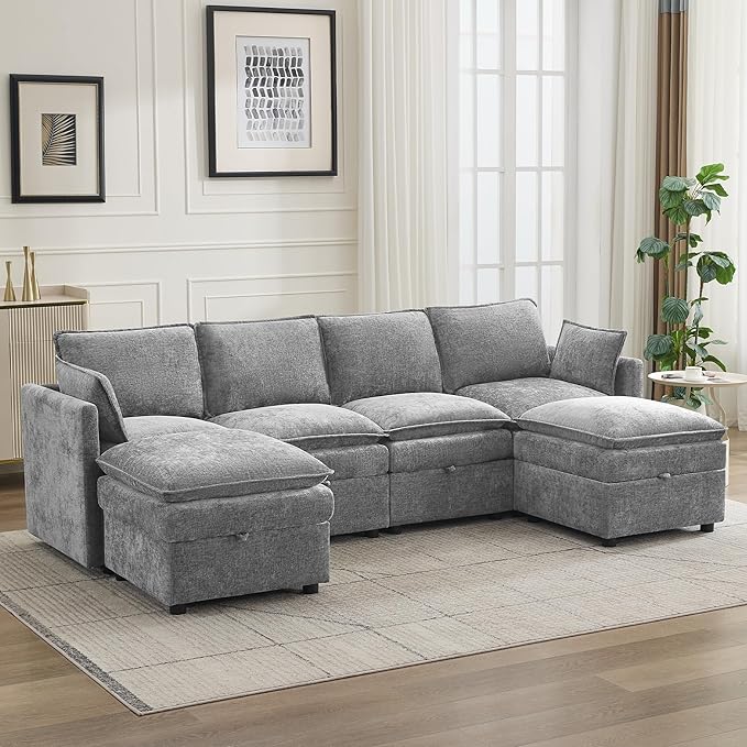 105" Cloud Modular 4 Seater Sofa with 2 Storage Ottoman, Modern Upholstered Sofa Storage Sofa Couch Deep Seat, U Shape Sectional Sofa Chenille Comfy Couch with Armrests for Living Room, Light Grey