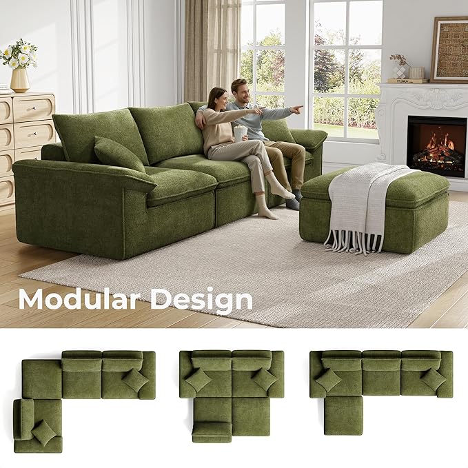 LIKIMIO 120" L-Shaped Modular Sectional Sofa, Cloud Sectional Couch with Deep Seat, Comfy Teddy Upholstery, Oversized 3-Seater with Ottoman, Boneless Couch for Living Room, No Assembly, Green