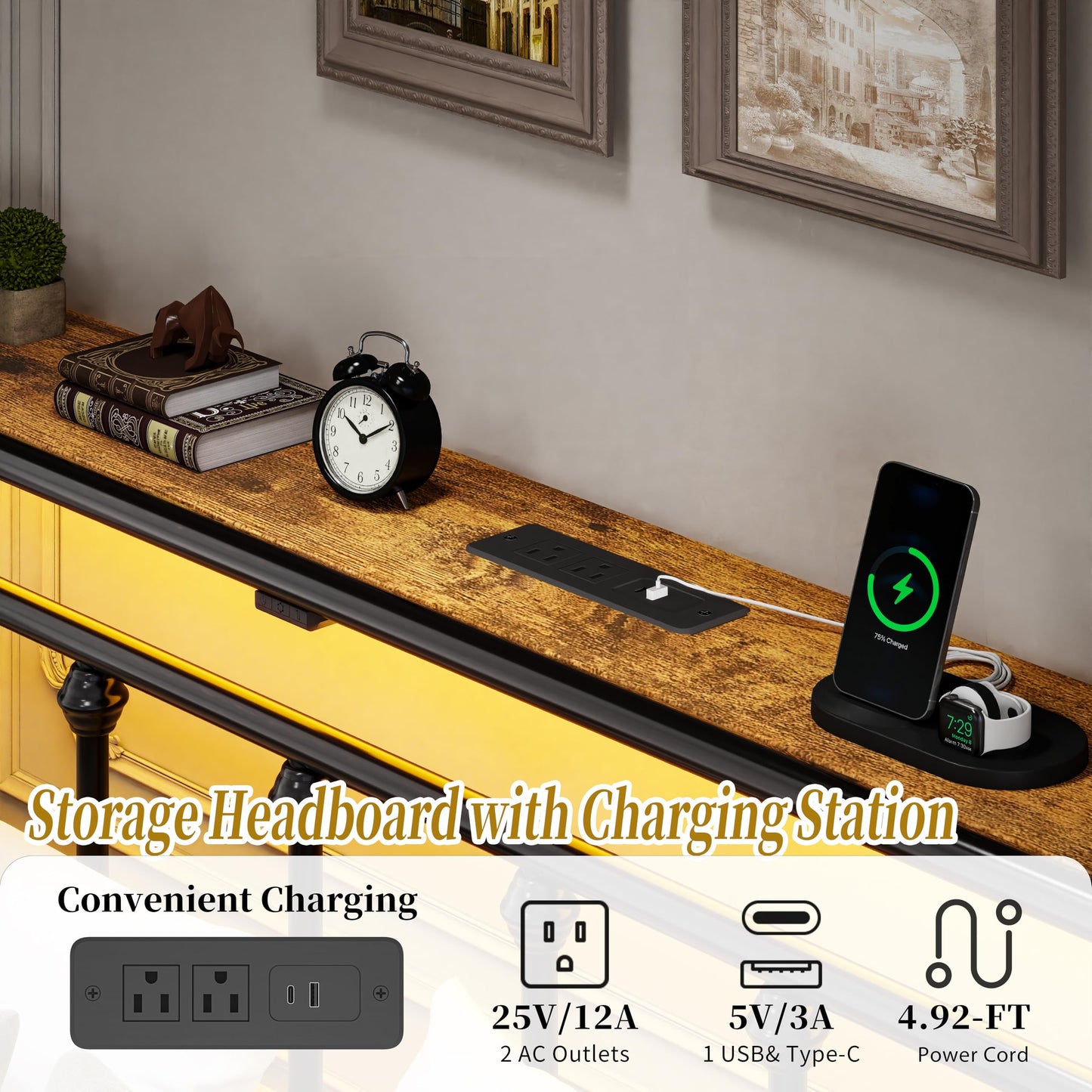ChicZhiNest Queen Bed Frame with Charging Station & LED Lights, Noise Free Metal Platform Queen Size Bed Frames with Victorian Headboard and Storage Shelf, No Box Spring Needed, Easy Assembly, Black