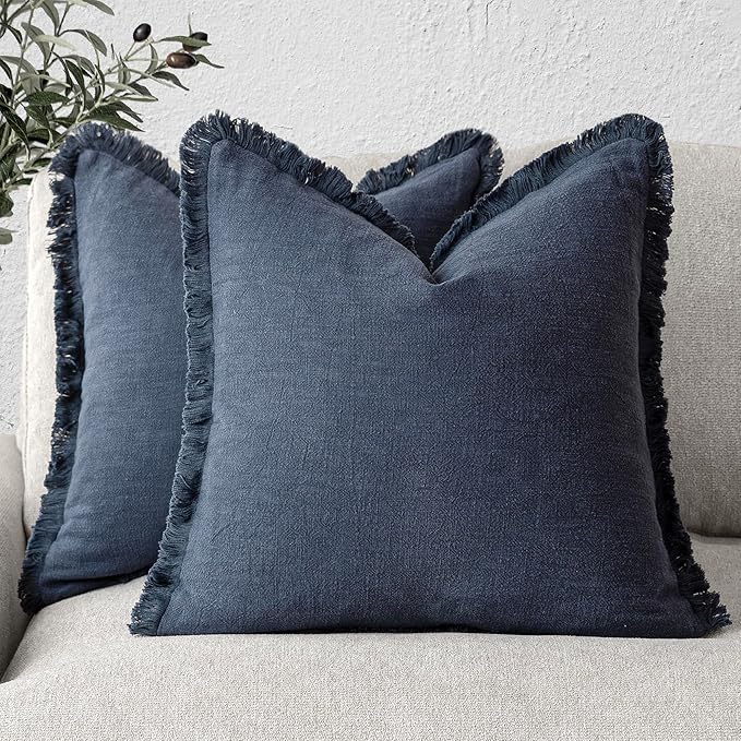 Foindtower Set of 2 Decorative Linen Fringe Throw Pillow Covers Cozy Boho Farmhouse Cushion Cover with Tassels Soft Accent Pillowcase for Couch Sofa Bed Living Room Home Decor, 24×24 Inch, Navy Blue