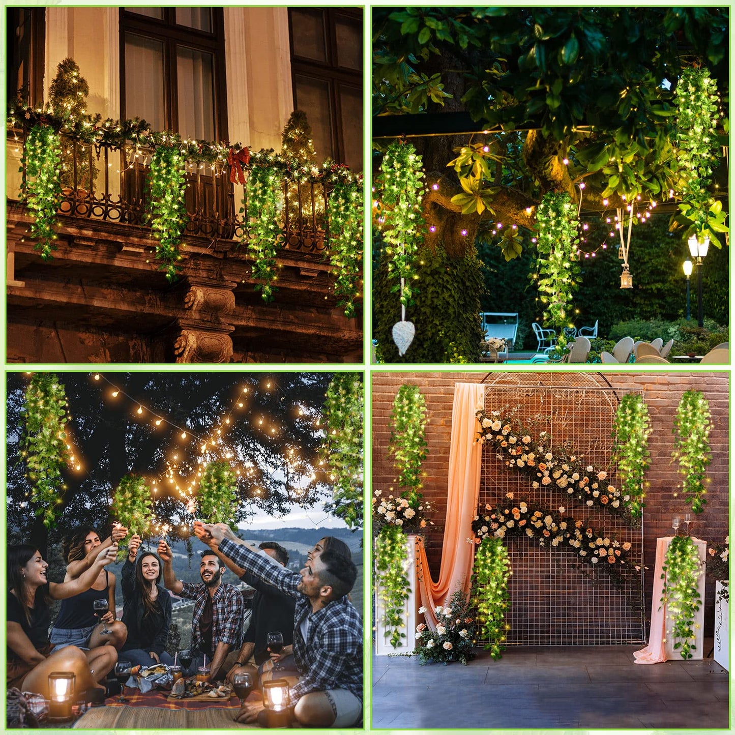 Mudder Fake Ivy Vines with Lights, LED Artificial Hanging Green Leaves Vines for Outdoors Patio Porch Decor (Basket Not Included) (Greenery Style, 6 Packs)