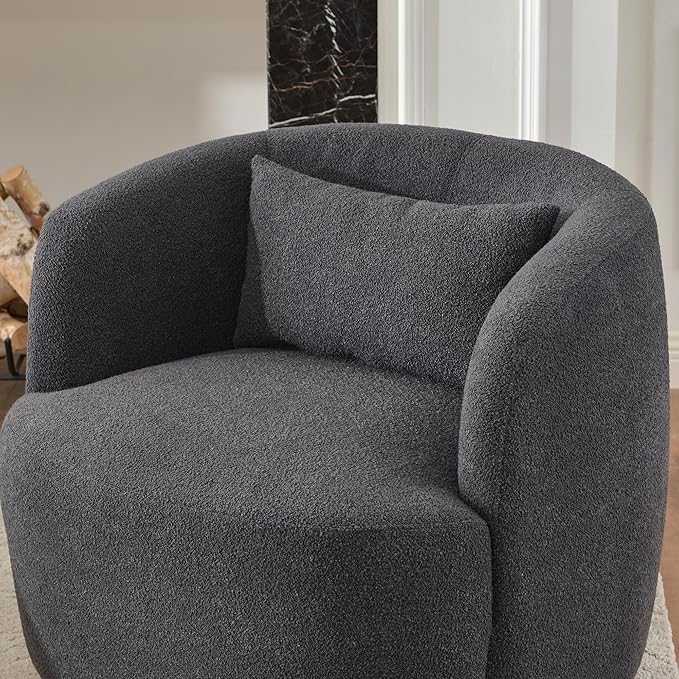 KINWELL 34" Wide Boucle Swivel Barrel Chairs Set of 2, No Assembly Round Upholstered Armchairs Accent Chairs Single Sofa Chair with Toss Pillow for Living Room and Bedroom, Dark Grey