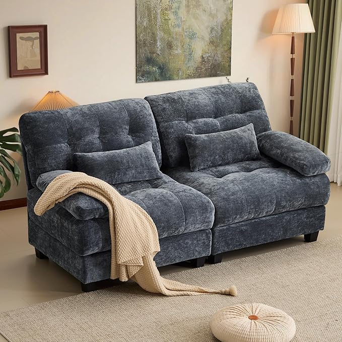 GRAINLLE 67'' Modern Chenille Love Seat Sleeper Cloud Couch Bed,Convertible Cozy Deep Seat Couches with Wide Armrest & Throw Pillows for Living Room,Home,Bedroom(Blue)