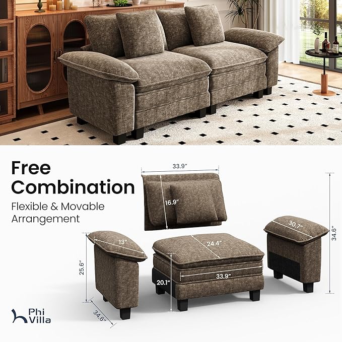 PHI VILLA Indoor Modular Couches Sets, 87.5" Sectional Loveseat Sofa with Upholstered Deep Seat, 2-Seater Comfy Couches for Living Room Bedroom, Chenille Fabric, Taupe