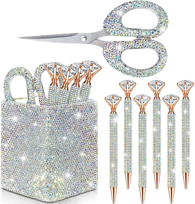 Qilery 8 Pcs Bling Desk Accessories Gift with 1 Bling Pen Holder 6 Pcs Crystal Rhinestone Pens 1 Crystal Scissors Glitter ...