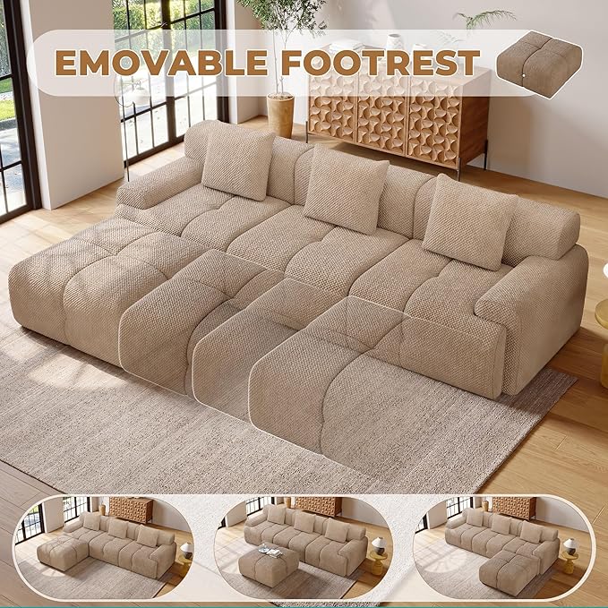 104" Modern L Shaped Modular Sectional Sofa, 4 Seater Convertible Chenille Cloud Couch Sofa Set, Boneless Couches for Living Room with Ottoman, No Assembly Required, Brown