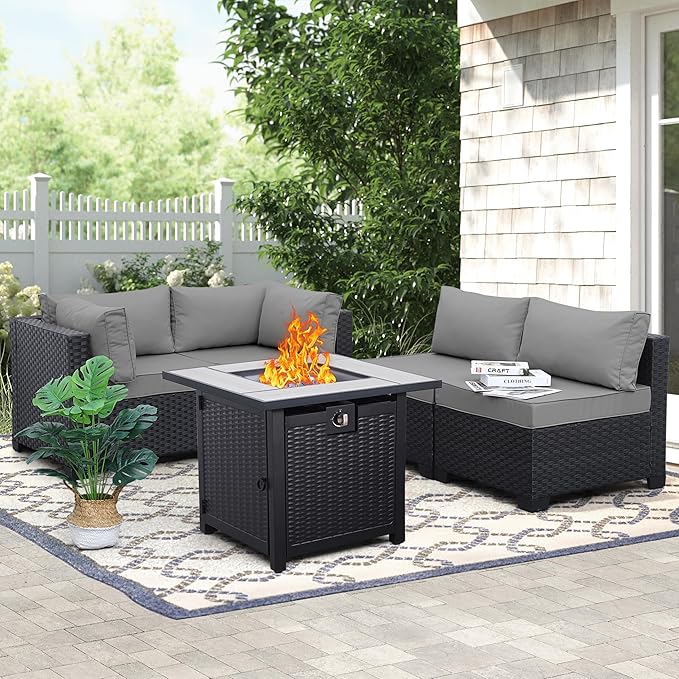 WAROOM Outdoor Patio PE Wicker 5 Piece Furniture Set, Black Rattan Sectional Conversation Sofa Chair with Square Propane Fire Pit Table, Grey Cushion